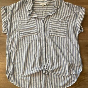 beachlunchlounge Blue and White Striped Button Down Shirt Tie Shirt Size L